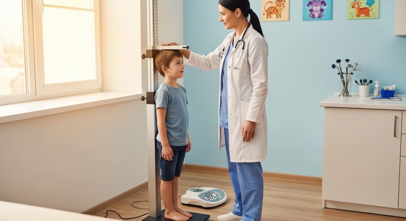 Врач измеряет рост мальчика на медицинском ростомере