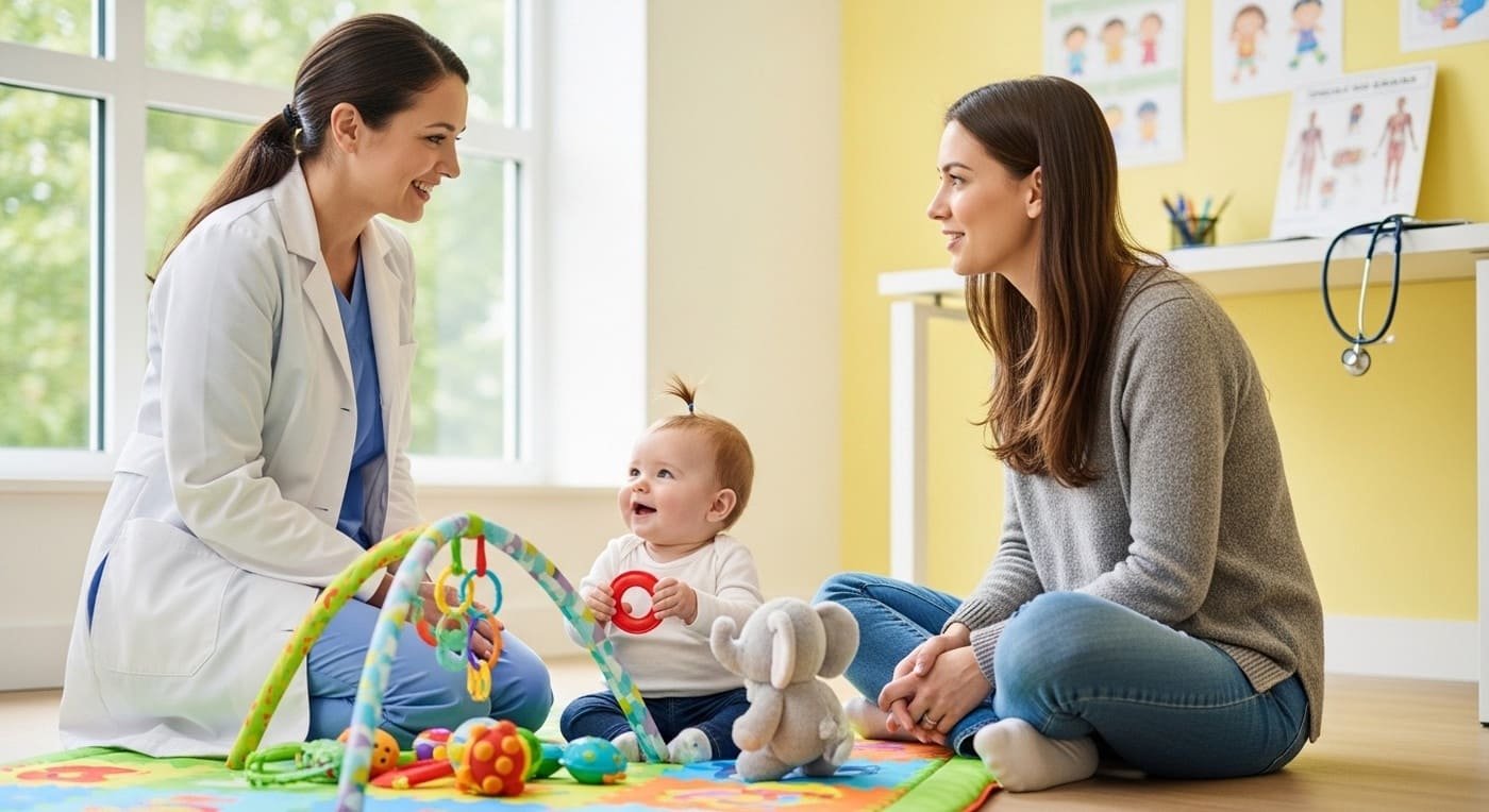 Педиатр беседует с матерью и играющим на полу младенцем